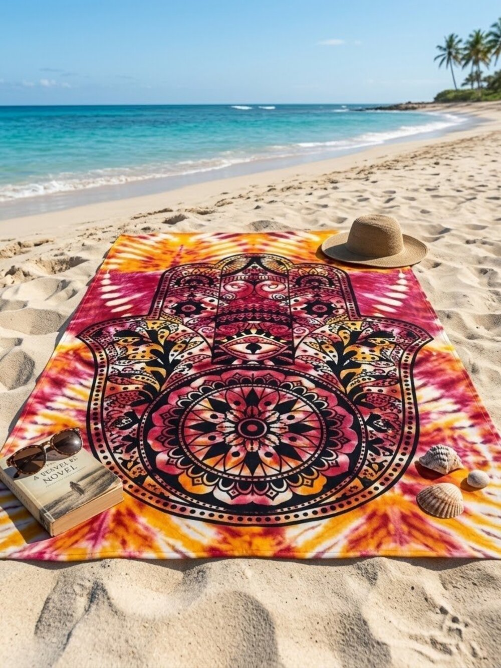 Hamsa Hand Mandela Evil Eye Orange Pink Tie Dye Effect Cotton Wall Tapestry Boho